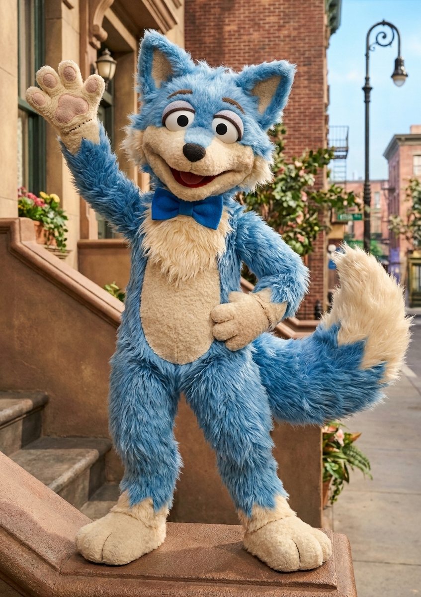 Rufus, the neighbourhood's blue fox puppet, waving from a stoop